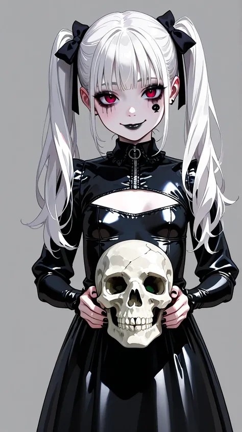 Loli, small breasts, goth girl, messy makeup, black latex dress, cleavage cutout, black lipstick, smile,  twintails, holding a skull, pale skin, white hair, face tattoo 