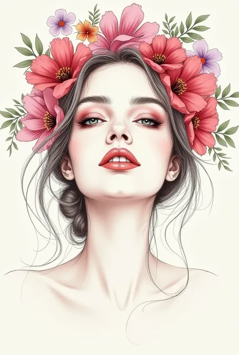 beautiful woman face with flowers sketch