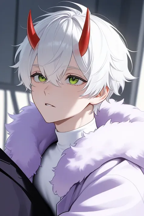 A boy with white hair alone has green eyes and small red horns, wears a white neck, and wears a purple fluffy mod coat on top