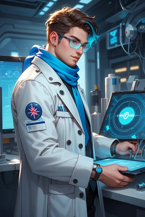 score_9, score_8_up, score_7_up, score_6_up. A futuristic scientist with an elegant modern look, wearing a pristine white trench coat and a geometric-patterned blue scarf, is holding a futuristic tablet with glowing projections. He wears reflective translu...