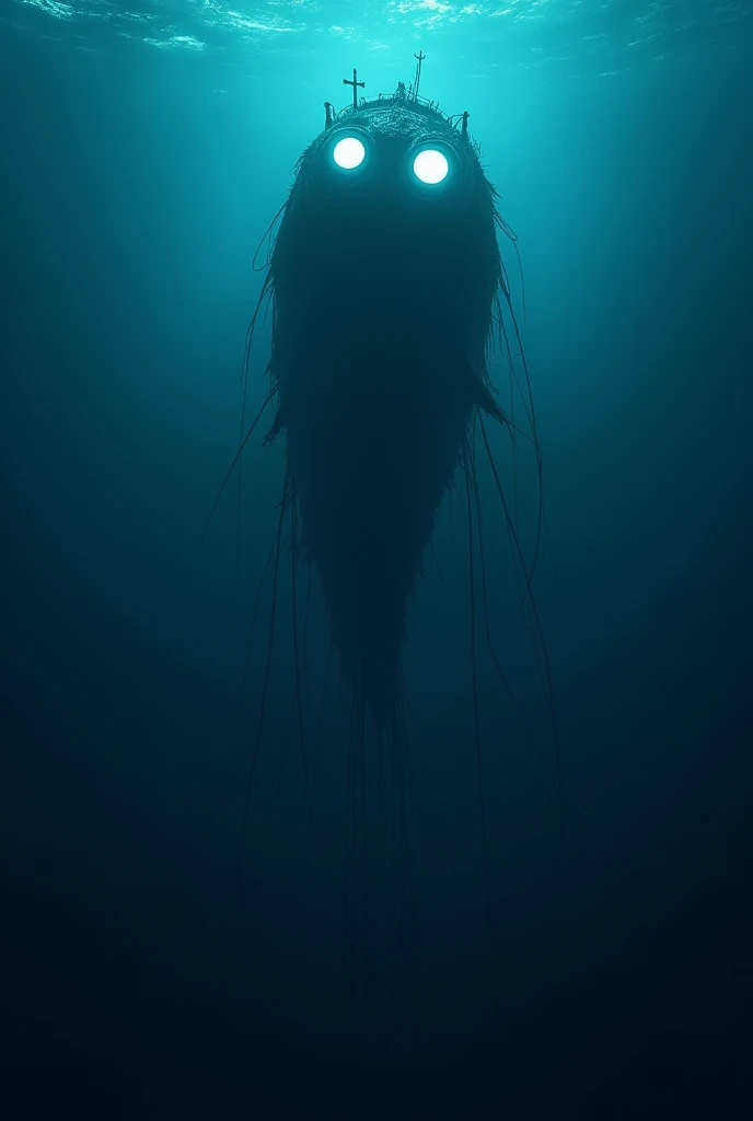  A vision from under the water :  the fishing boat seen from above ,  their nets hanging deep in the dark ocean .  Two colossal and brilliant eyes ,  bigger than the boat itself , They appear in the dark , , subtly illuminating the monstrous creature that ...