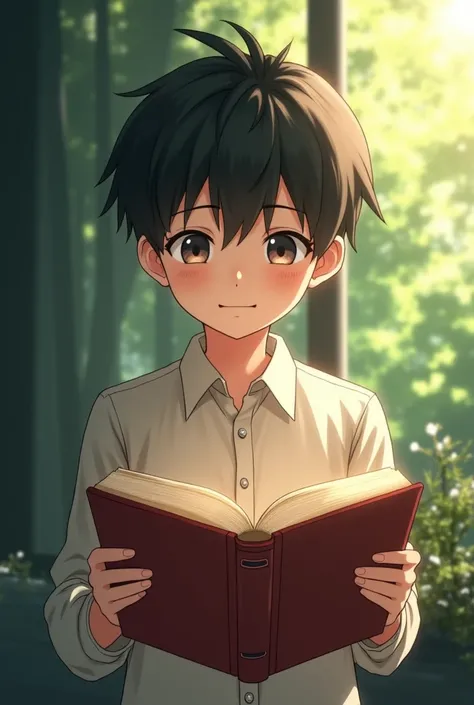 A shy anime boy with a book in his hand 