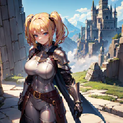 (masterpiece, best quality, detailed), 1girl, solo, blonde hair, short high twintails hairstyle, looking at viewer, huge breasts, armor, breastplate, armored dress, armoredpanths, cape, gloves, pauldrons, bodysuit, belt, outdoors, mountain, castle, fantasy...