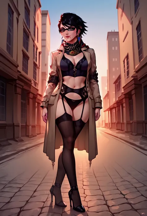 score_9, score_8_up, score_7_up, Bayonetta, 1girl, medium breasts, half naked, boobs covered by trench coat, cleavage, midriff, looking at viewer, dynamic pose, seductive pose, seductive smile, flirty smile, detailed face features, beautiful eyes, extremel...