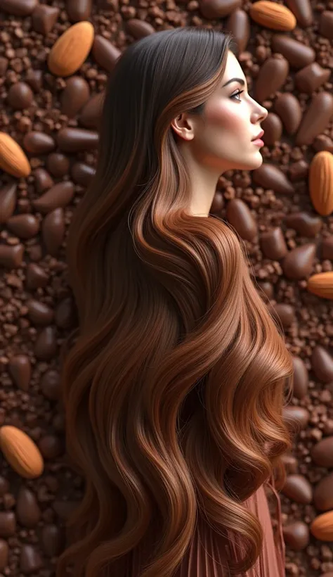 Create for a perfume campaign an image of a beautiful hair that appears in a background full of chocolate and almond