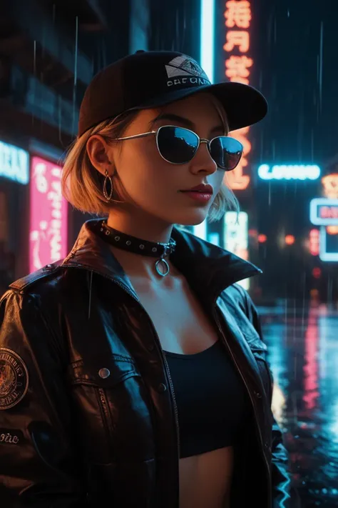 plano cercano del rostro, Alternative girl,  looking over black sunglasses, jacket, collar,  reflections of neon light on the skin, earring, make-up,  skin imperfections ,  short hair, cap, neon light background , low light,  Depth of field,  art,  high co...