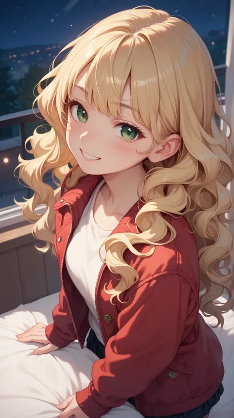 1girl, Solo, Long Hair, Wavy Hair, Bangs, Blonde Hair, A slight grin, Green Eyes, Blush, A Red Jacket, Cozy Bedroom, At Night, From Above