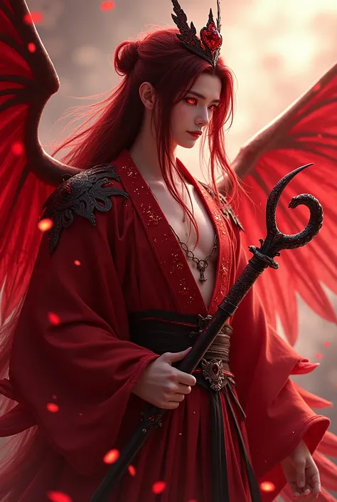 Red eyes long hair big wings black sword with red sparkles crown or red tiara Phoenix fork holding a dragon-shaped fork red costume with sparkles elegant Japanese style young male cabello rojiso alas rojas cabello rojiso alas grandes rojas traje sencillo p...