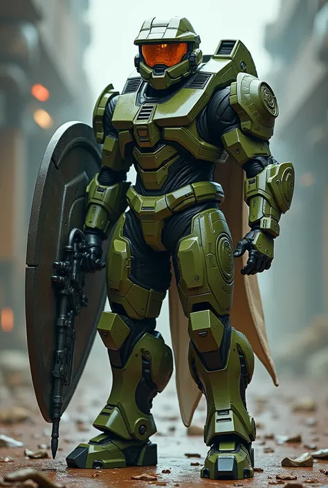 The master chief equipped with Samus Arans weapons and also with the Zelda shield