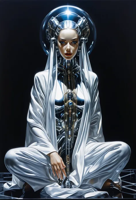 glass egoiste, men wizard robot, hajime sorayama, h.r giger, with white robe, crossed legs, floating above the ground, caravaggio painting, female cyborg, sexy feline body pose, highly detailed face, beautiful detailed eyes, beautiful detailed lips, extrem...