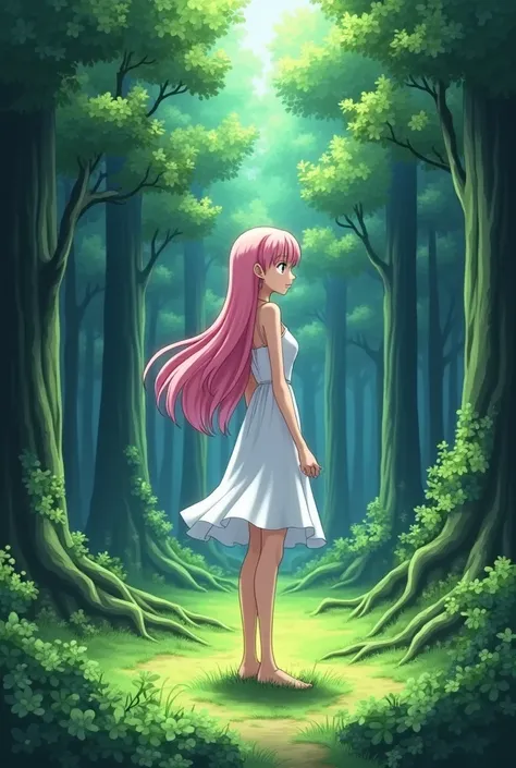 One piece screenshot, female character, light pink hair, wearing a white dress, stands with her back turned in a forest and looks big