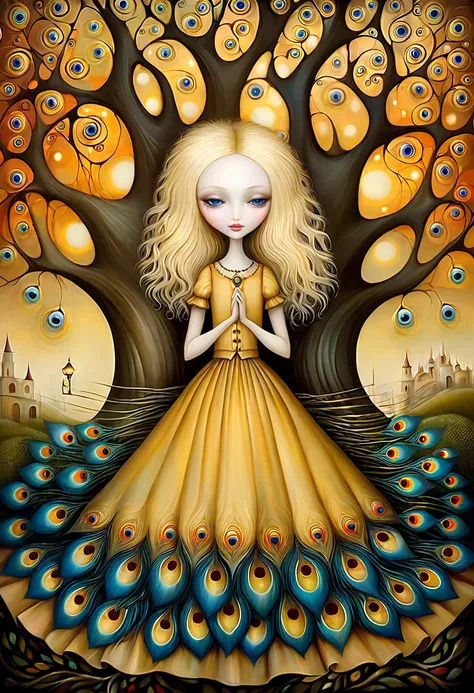 Patchwork por Klimt, nicoletta ceccoli, Naoto Hattori, Lawrence Didier,  Leonora Carrington of a European woman with long blond hair , wearing a wide skirt , She is surrounded by peacocks ,  lying under a large weeping tree and smiling softly as the sun se...