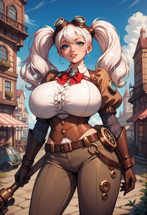 score_9, score_8_up, score_7_up, score_6_up, score_5_up, score_4_up, BREAK [source_anime],  A goblin girl , dressed, clothed, engineer, steampunk style, cute girl, sexy costume, googles, pants, twintails, white hair, huge breasts, steampink city background