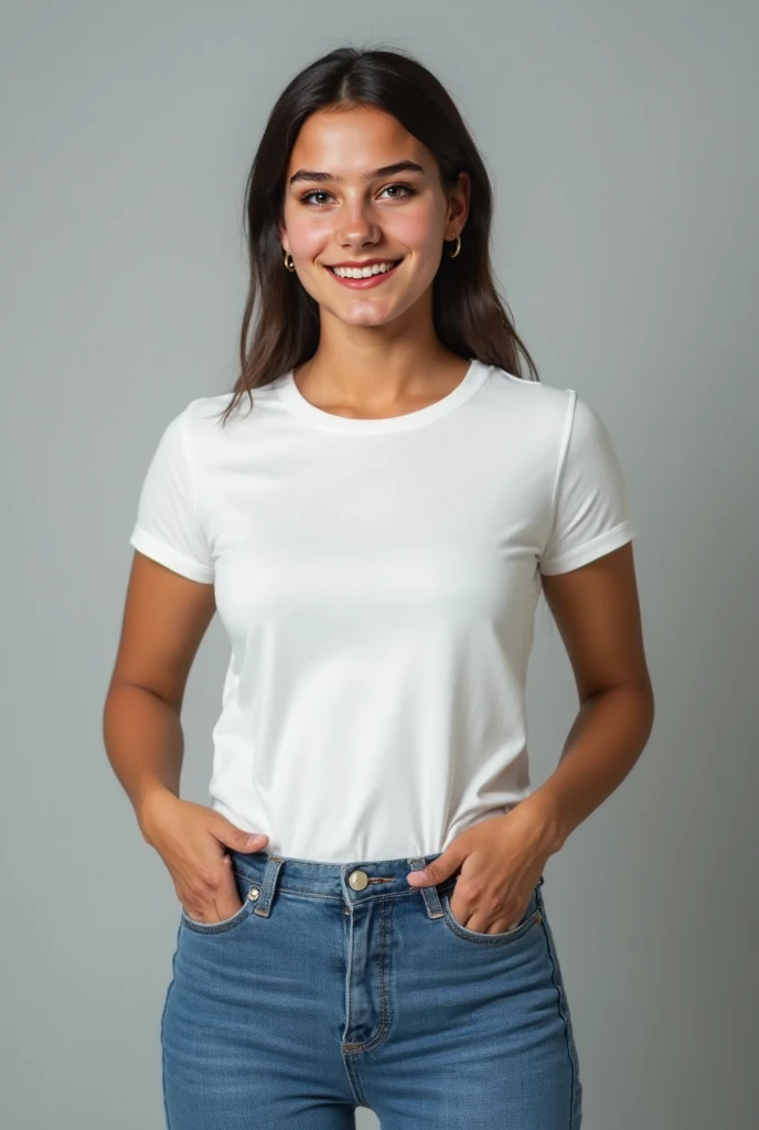 Peruvian Latin woman,  wearing a white t-shirt , with round neck, short sleeve,  jean pants,  fully visible polo, out of the pants , Full polo shirt is enough visible, looking ahead smiling, Hands far away from the chest,  liking me with both hands,  jean ...