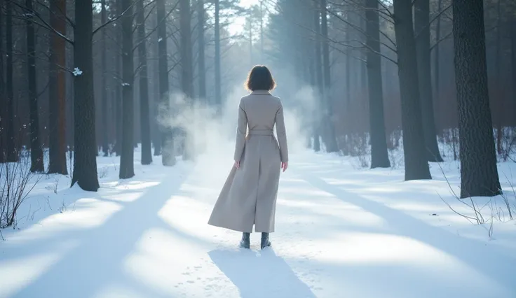 In a snowy forest, a woman dressed in a long coat stands silently, her breath visible in the cold air, blending with the whispers of the wind.