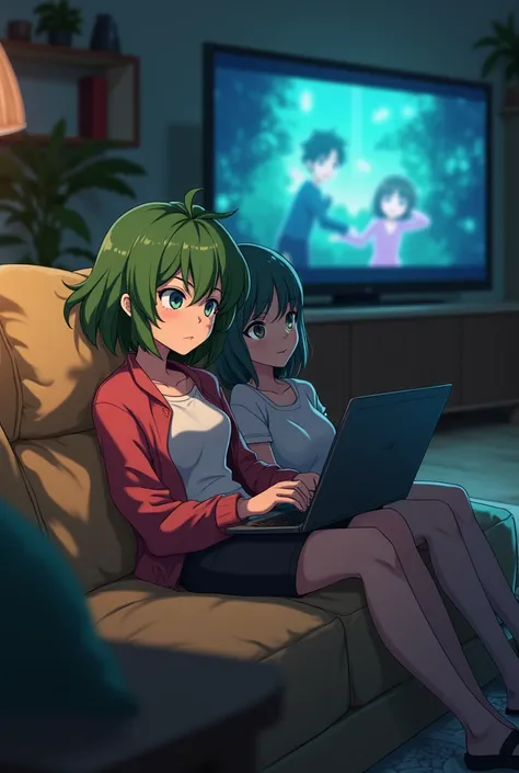 Create Tatsumaki on the couch watching a movie with a roommate who is a 