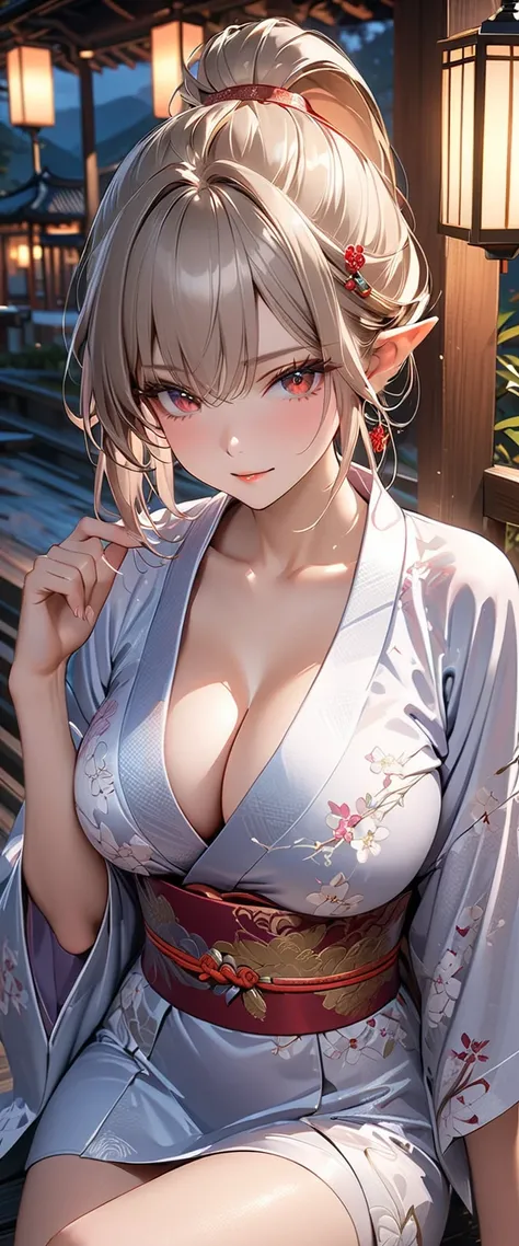 ((masterpiece)),  top quality ,  SUPER DETAILS,  high res,  extremely detailed CG integrated 8K wallpaper , HQ_HDR, (Big Breasts), (Very attractive high elf ), ((Delicate fabric,  walk in a beautifully designed kimono)), (Bite your finger lightly, Wink), D...