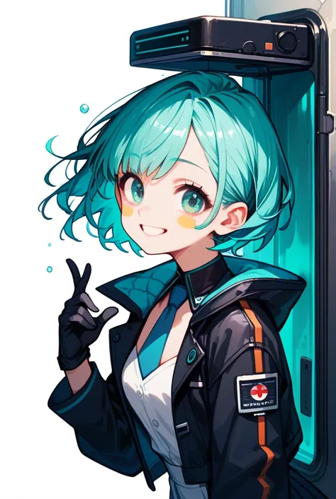 1 girl, anime style,  futuristic black jacket , loose short hair , turquoise hair,  stickers stuck on the jacket , dress,  open jacket, blue tie, Front from the front,  looking at the spectator, smile,  big eyes, white background,  Arms and hands completel...