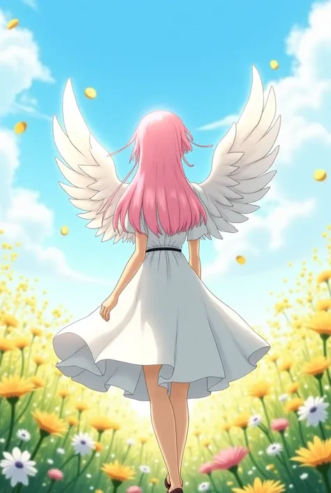 One piece screenshot, female character, light pink hair, She is wearing a white dress, standing with her back turned, a large pair of wings is on her back, she is walking quietly through a field of flowers 