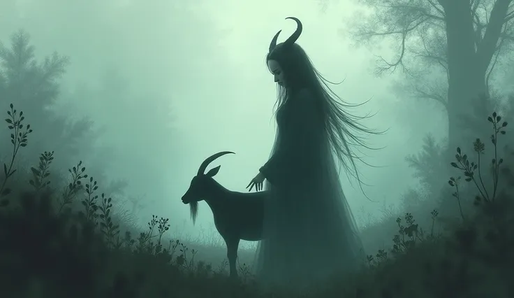 heavy fog ,  dark environment, Shadow of a woman with horns and very long hair holding a goat in a garden, Impressionist art style