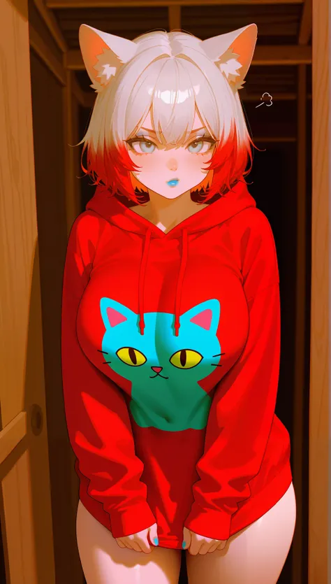 Big Breasts, 1girl, ((Colors hair)) ((Cat girl)) light Silver eyes, has an extremely sexy body, with full breasts and thin waist, and an extremely sexy body, HIP HOP red hooded sweatshirt, fabric delicate, has a bold appearance. young, quality, realistic, ...