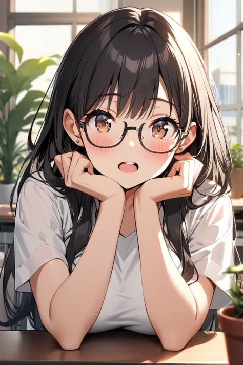 1girl, solo, long hair, breasts, looking at viewer, blush, open mouth, brown eyes, black hair, white shirt, upper body, short sleeves, indoors, blurry, window, upper teeth only, desk, head rest, stud earrings, potted plant,semi-rimless glasses