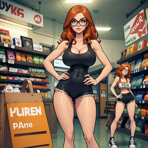 1 woman, wavy orange hair, green eyes , sly face , glasses , white tank top , Black shorts pushed down so you can see pussy, abdomen, big breasts , Long legs , stand on your hips... , canvas shoes , Convenience store ·
