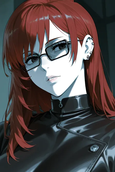 Make the image of a female character from Jujutsu Kaisen light white skin,  dark eyes,  red hair,  long hair,  dark glasses, piercings e brincos, beautiful, linda, to hide, leather clothing, armada