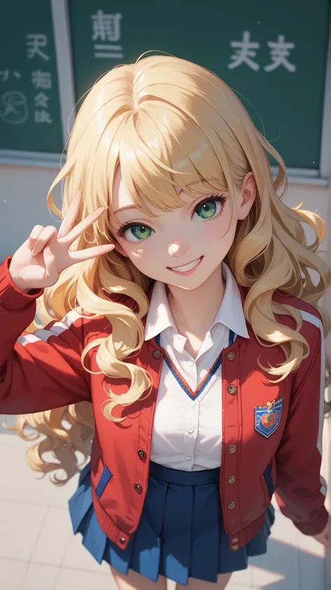 1girl, Solo, Long Hair, Wavy Hair, Bangs, Blonde Hair, A smile, green eyes,, A Red Jacket, Blue Skirt, School setting, From Above, Doing a Peace Sign