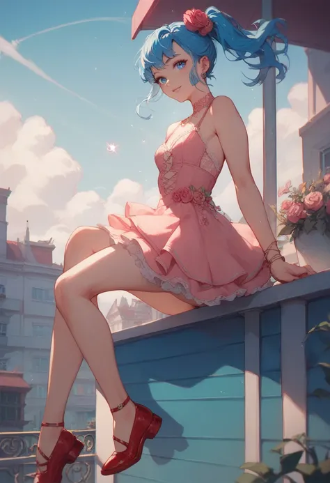 A small girl  long blue hair, blue eyes,wearing a pink dress, red shoes and  attached  to her hair iswhite sparkling gems woven with lace around her head, dancing on top a roof