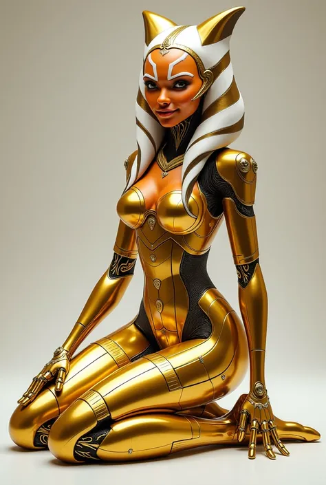 ahsoka tano With the body of a sexy gold luxury droid. Smiling happily and kneeling 