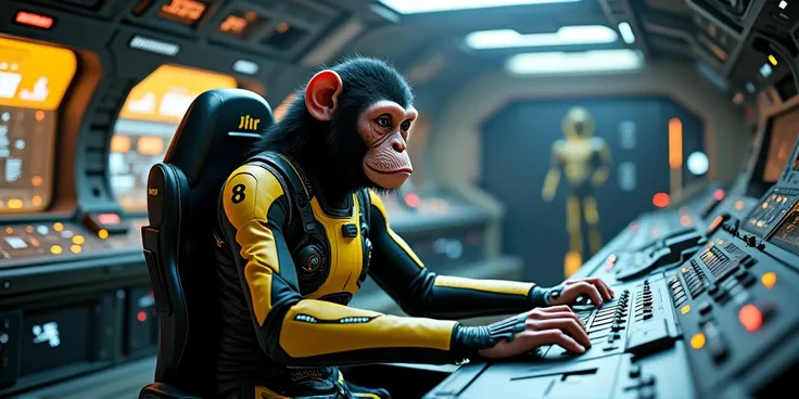 Monkey man in a black and yellow jumpsuit driving a spaceship