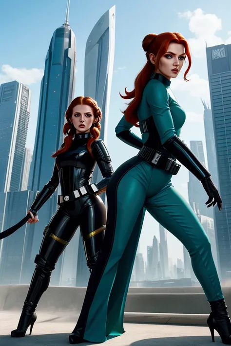 Futuristic cityscape setting, strong female duo, inspired by Princess Leia and Mara Jade, back-to-back stance, contrasting attire - flowing white gown with high slit and stylish high heels for Leia, fitted blue jumpsuit with tactical gear for Mara Jade, lo...