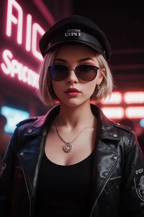 Enlarged face, alternative girl, watching through black sunglasses, jacket, necklace, neon light reflections on the skin, shaving, makeup, skin blemishes, short hair, small hat, neon lights background, poor lighting, depth of field, detailed in high detail...