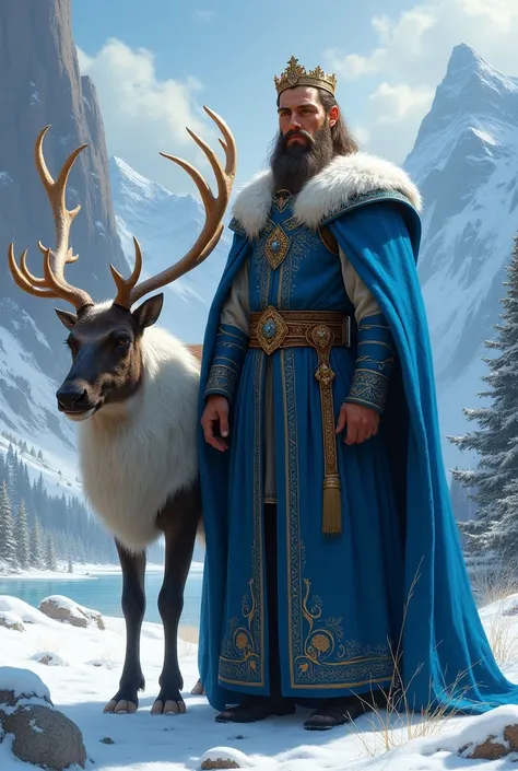 King dressed in blue and a realistic reindeer 