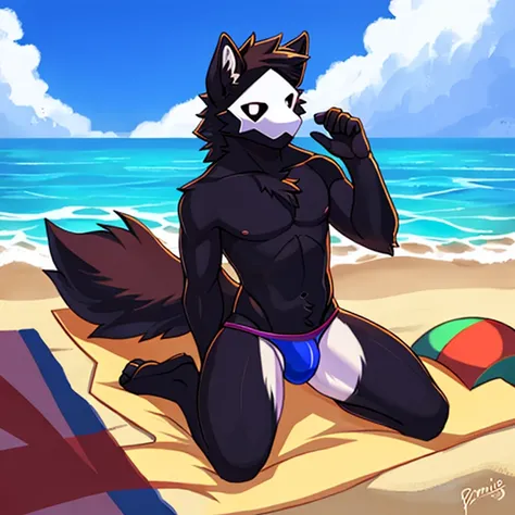 Anthro naked furry Puro changed gay speedo huge swim sexy kneeling beach by Puro Changed by Feralise