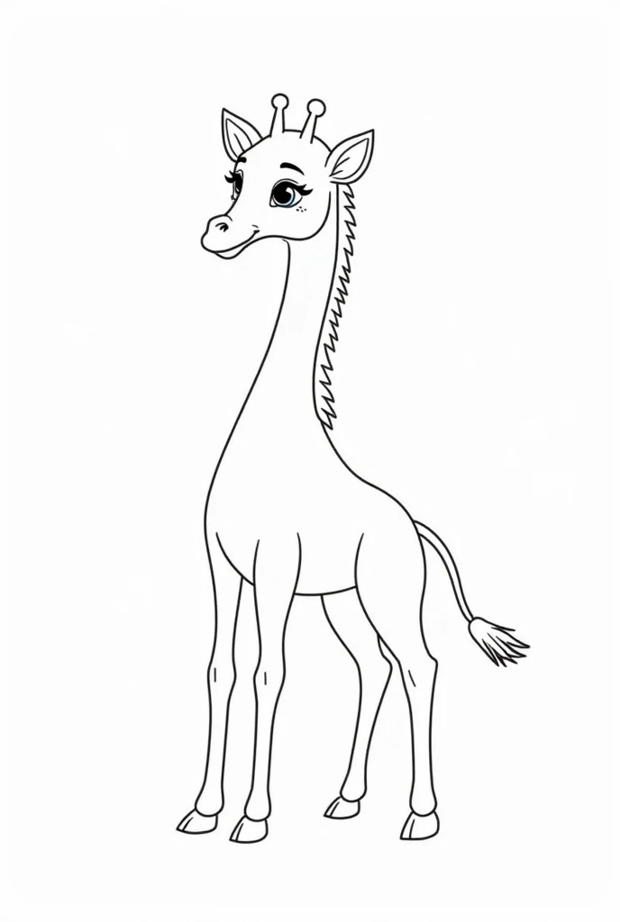 " Create a black and white illustration for a coloring book . The baby giraffe should be in black and white , with bold , strong,  and thick lines suitable for young ren to color . Make sure that the entire drawing is in black and white ,  lenses with a cl...