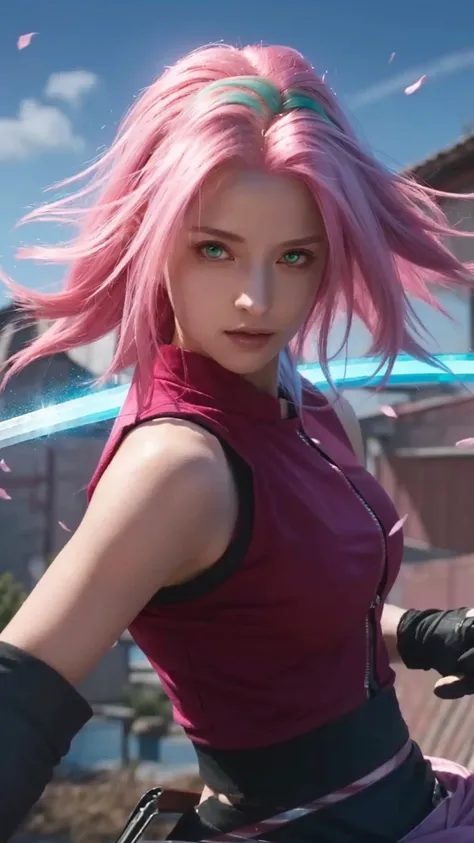 a woman with pink hair and a red top holding a sword, sakura haruno, haruno sakura, beautiful girl with green eyes, beautiful girl with pink hair 