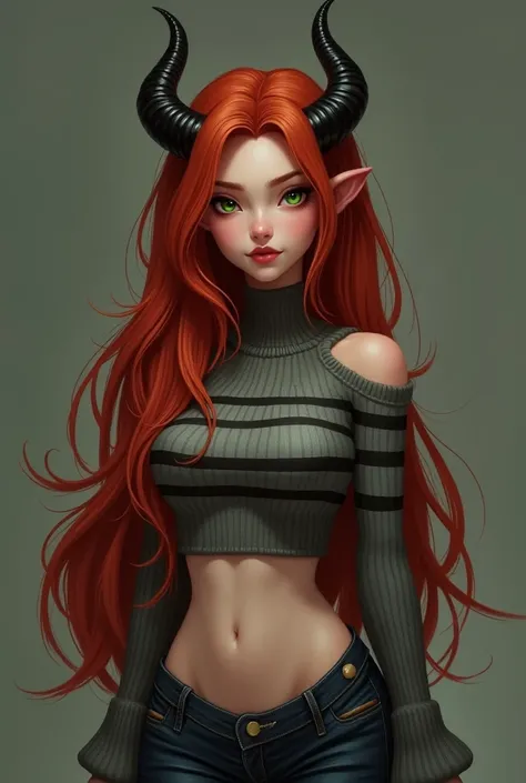 Half human/demon girl Long red hair, with a long wolfcut cut cut in layers, green eyes, prominent lips, diamond-shaped face, somewhat defined chin, with a very thin waist and wide hips, voluptuous, with a harmonious pose, wearing a croptop sweater with a h...