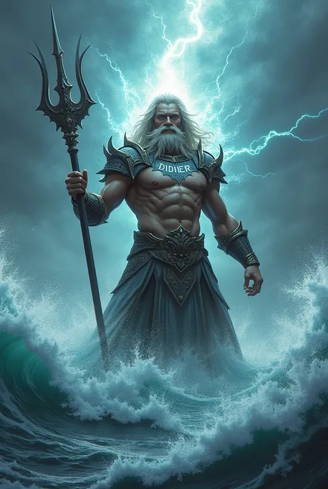 Poseidon,  with divine features and wearing armor that merges with his body. Inscribed on his chest (D I D I E R ),  raising his trident that emits pulses of light with rays .  The ocean below is controlled by giant waves that move artificially.,  As if th...