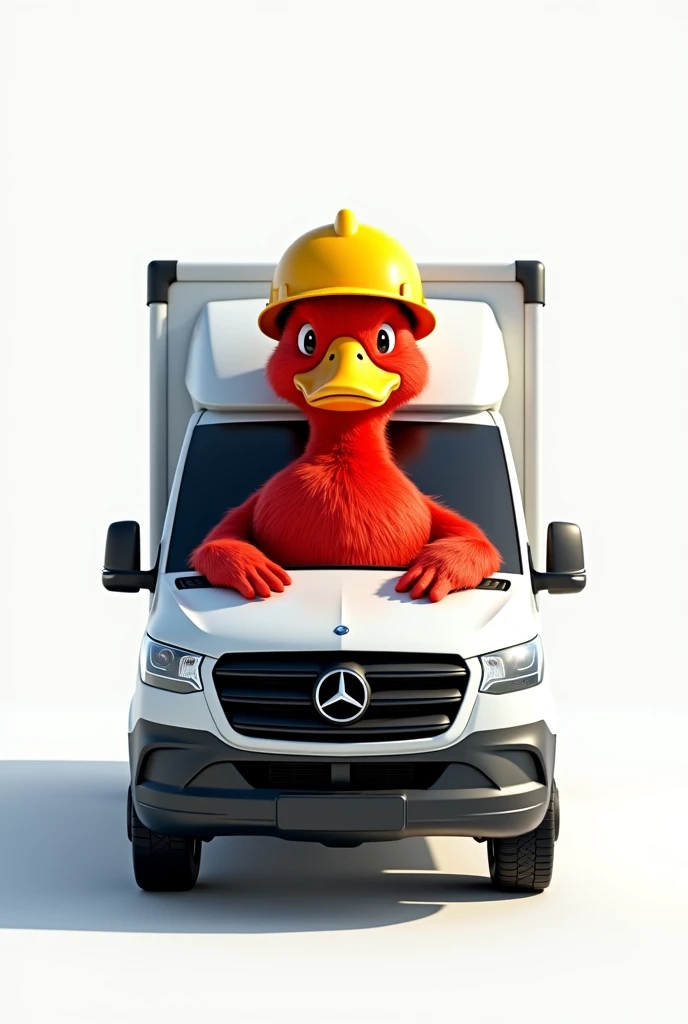 RED DUCK IN A WHITE MERCEDES TRUCK WITH A YELLOW CONSTRUCTION HELMET