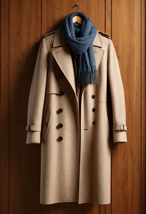 a coat rack with a trench coat and a scarf, high quality photo, realistic, detailed, warm lighting, intricate details, fashionable, elegant, soft textured fabrics, realistic wood grain, studio lighting, photorealistic