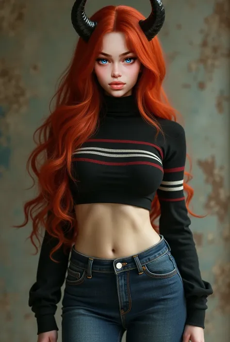 Half human/demon girl Long red hair, with a long wolfcut cut cut in layers, green eyes, prominent lips, diamond-shaped face, somewhat defined chin, with a very thin waist and wide hips, voluptuous, with a harmonious pose, wearing a croptop sweater with a h...