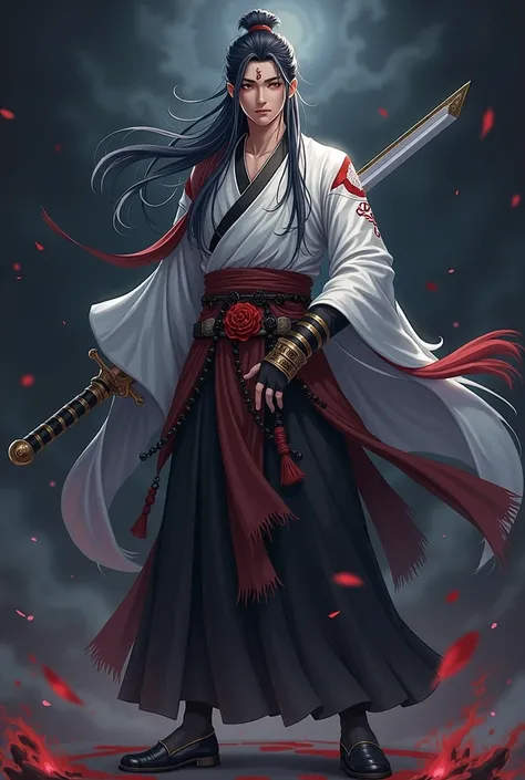 anime character with sword in hand standing in front of a dark background, a character portrait by Yang J, pixiv contest winner, shin hanga, handsome guy in demon slayer art, full body wuxia, heise jinyao, beautiful male god of death, young shadow mage mal...