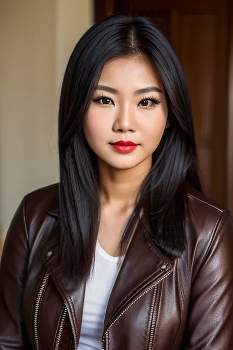 Medium view, of young aged, 19 year old, girl, teenage gilf, milf, beautiful girl, face portrait, asian ￼￼features, Vietnamese girl, extremely fat, long hair, makeup, eyeliner, red lipstick, model, tan skin, leather jacket, in korea