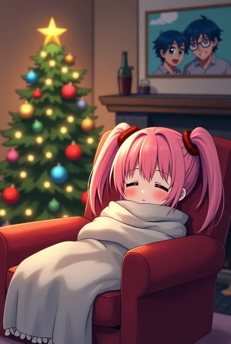 A pink-haired girl with two pigtails ,  asleep in her armchair with a blanket near the fireplace and the Christmas tree ,  and on the wall a picture of her making a crazy gesture with her blue-haired boyfriend with glasses