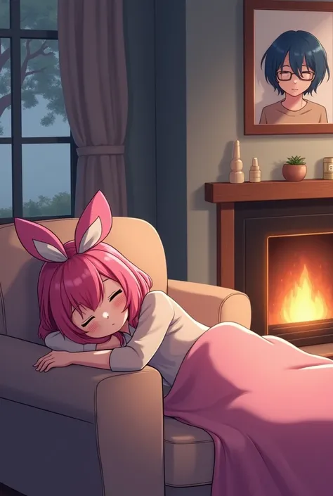 A pink-haired girl with two ,  bows asleep on her large sofa with a blanket near the fireplace and the ,  tree on the wall with a picture of that same girl with her boyfriend with blue hair with glasses