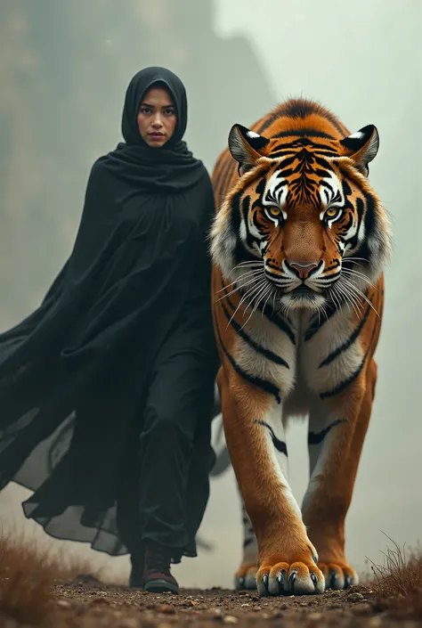 A woman in a black hijab walks with a ferocious giant tiger walking side by side facing the camera live