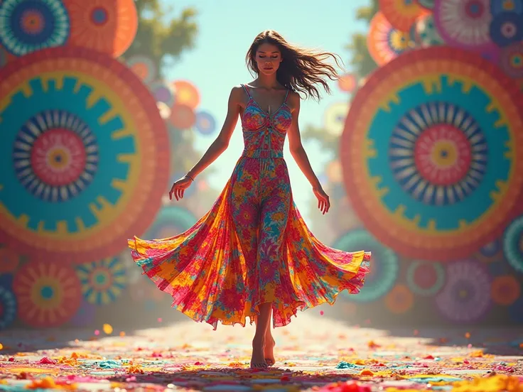 A young slim woman facing us. Dancing outside. Her skin is covered with kaleidoscope coloirs. The background surround is also bigger kaleidoscope shapes