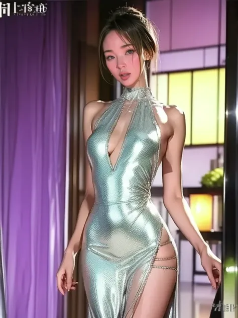  bewitching look 、 close-up of a Japanese woman in a silver dress,   transparent gray dress  ,   sexy dress, Transparent dress, skin  tight dress, sexy gown, extravagant dress,  wearing a silver dress ,   tight dress,  open dress,  tall ,  skinny, Beautifu...